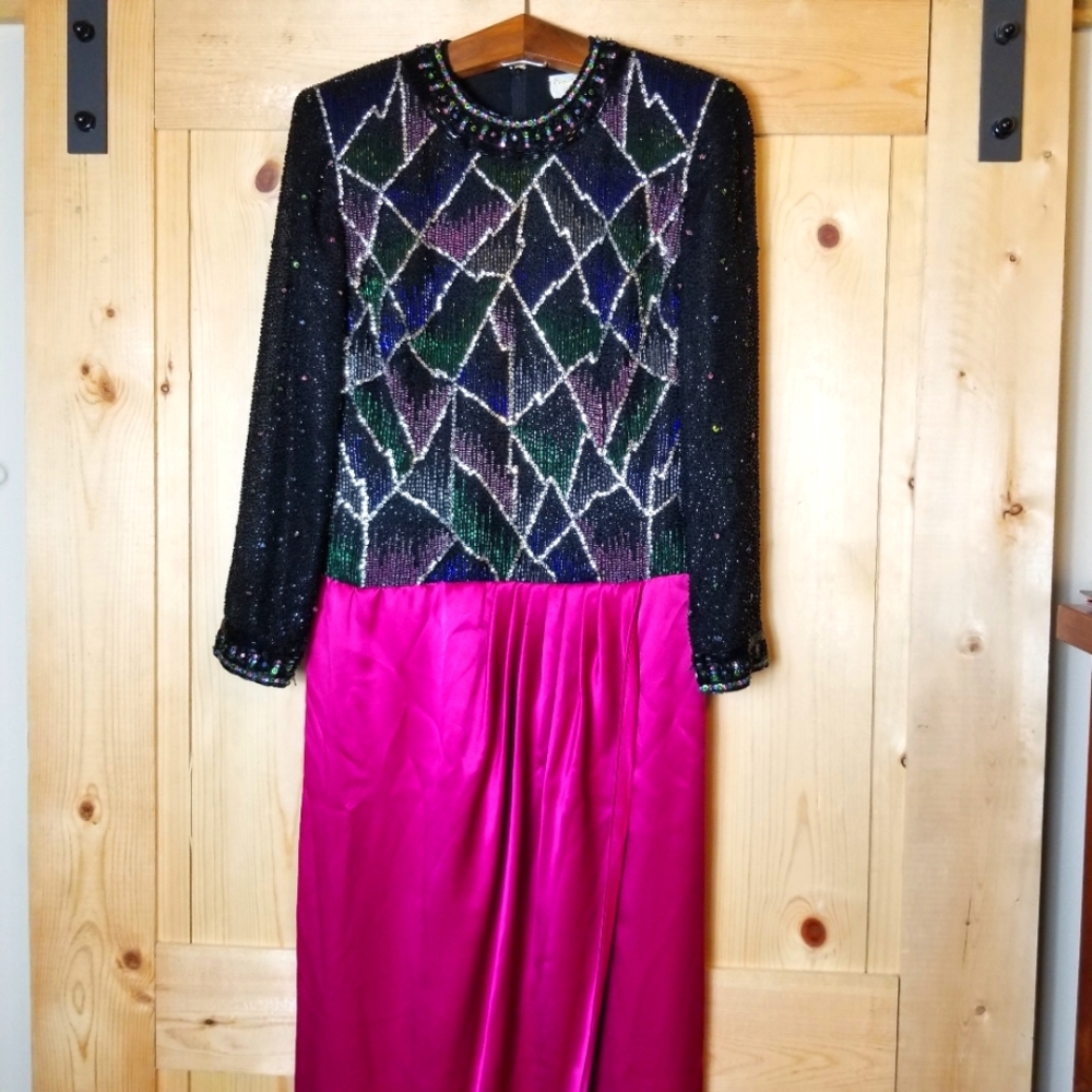 Vintage Victoria Royal Ltd Sequin Bespoke Beading Silk Evening Gown Dress